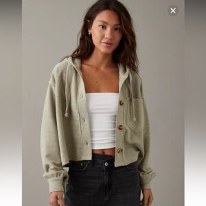 AE XXL Faded Olive Green Cropped Knit Button Down Hooded Shacked